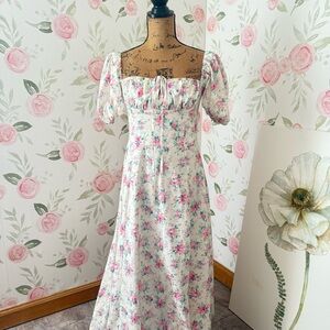 Pink Floral Puff Sleeve Maxi Dress